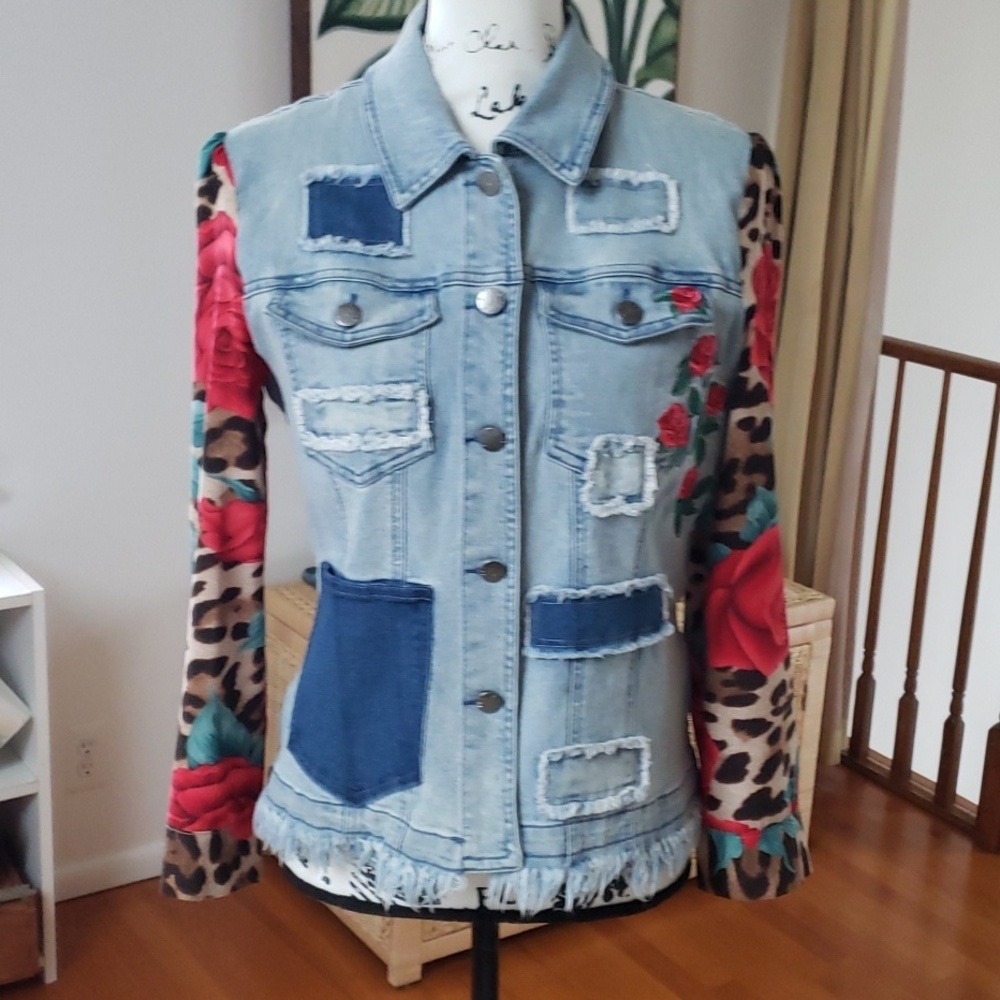 Talk of the Walk Leopard Rose Print Rose Embroidery Denim Patchwork Jean Jacket
